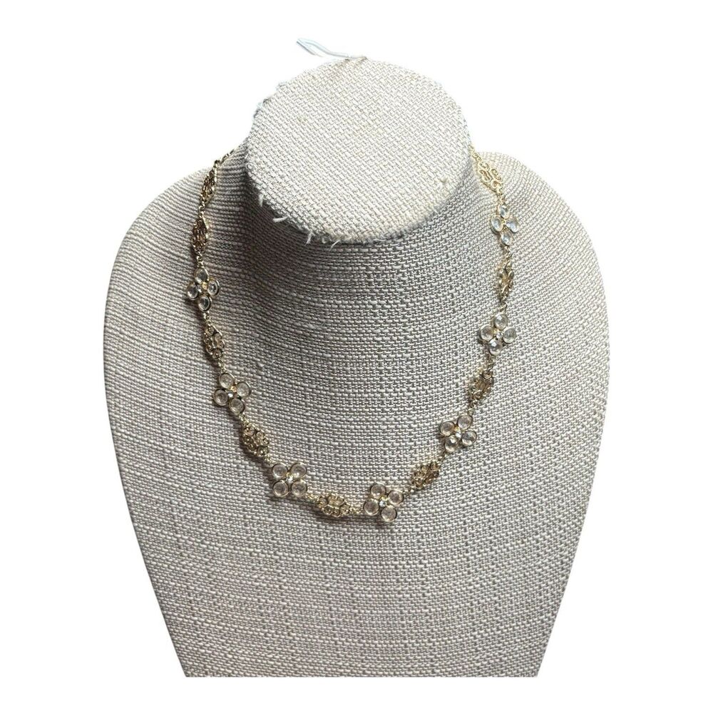 Classy CZ Fashion Floral Crystal Clear Rhinestones Bib Necklace Gold Tone